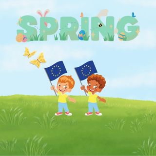 Two children waving a European flag on a patch of grass. The word spring floats above them.