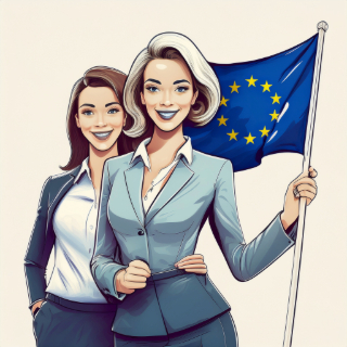 Two woman in business attire holding an European flag