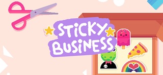 Sticky Business game splash screen with a box of stickers on a pink background